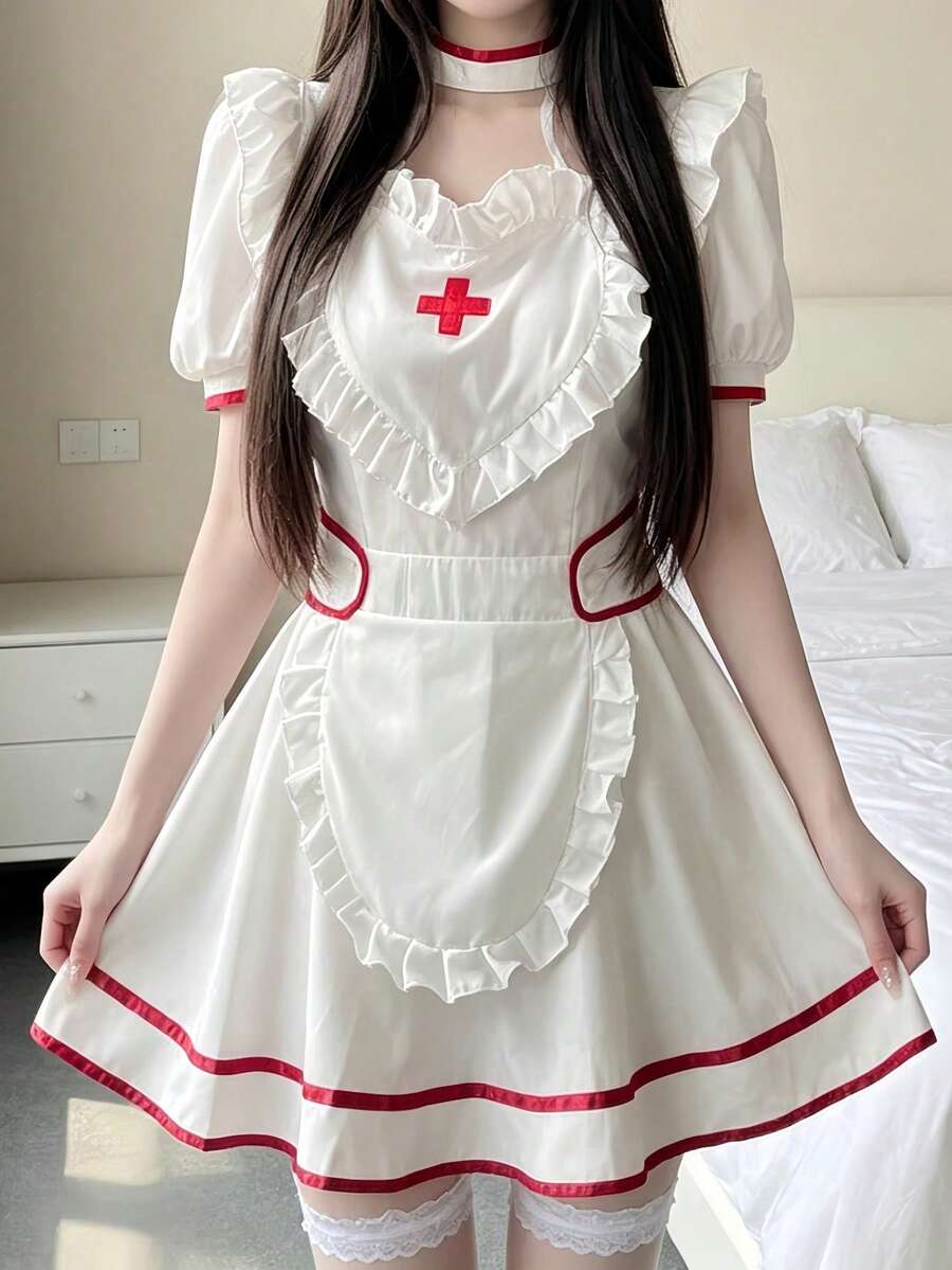 1PC Pure Cute Sweetheart Nurse Maid Uniform Lolita Cosplay Costume, Suitable For Cosplay Role Play, Holiday Party Performance, Valentine's Day, Date, Daily Wear - White - View 1