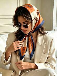 1pc Vintage Equestrian Leather Strap Chain Print Satin Square Scarf, Multi-Functional Retro Headscarf, Scarf, Bag Decoration Accessory, Suitable For Women - Multicolor - View 1