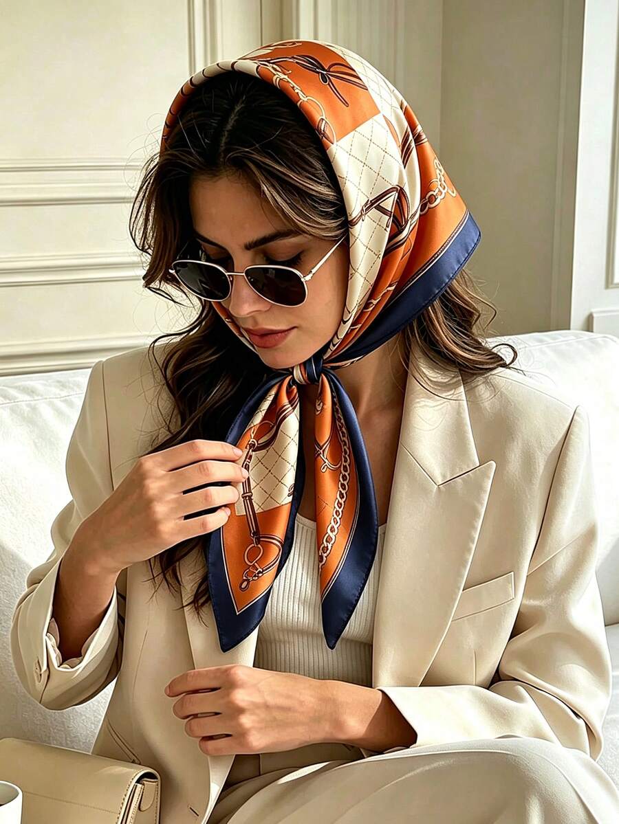 1pc Vintage Equestrian Leather Strap Chain Print Satin Square Scarf, Multi-Functional Retro Headscarf, Scarf, Bag Decoration Accessory, Suitable For Women - Multicolor - View 1