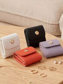 Women's Foldable Jewelry Roll Bag, Mini Button Closure 4-Compartment Storage Pouch, Suitable For Earrings, Necklaces, Coins, Travel & Daily Wallet, Multiple Colors Available - Multicolor - View 2