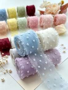 Multi-Color Pom Pom Textured Tassel Chiffon Ribbon, Frayed Edge Fabric Satin Ribbon, Suitable For Gift Wrapping, Wedding Bouquet Bows, Hair Accessories, Party Handmade Decorations - Multicolor - View 3