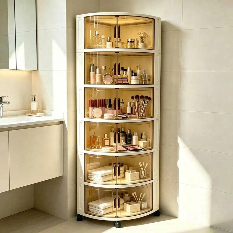 Armário de Canto Dobrável 6 Níveis Largura 45cm com Rodinhas Porta Transparente Organizador Plástico Multifuncional para Cozinha Quarto Sala de Estante Prateleira de Canto Grande Capacidade Móvel para Armazenamento Doméstico  W - Visão 1