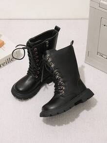 1 Pair Spring/Autumn New Casual Fashion Warm Comfortable Round Toe Mid-Calf Side Zipper Design Girls Boots, Classic Boots - Black - View 3