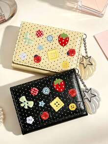 Cute Polka Dot 3-Fold Wallet With Button Decor & Star Wing Charm,Cute Ladybug Portable Coin Purse,Compact Women's Short Purse,Daily Card Organizer - Multicolor - View 9