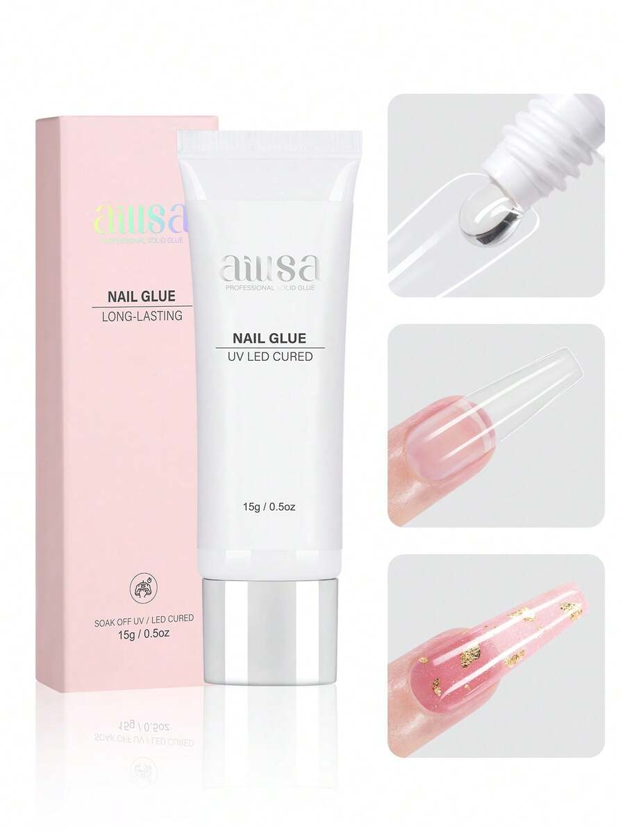 AILLSA 15g Solid Nail Glue, UV Cured Acrylic Nail Glue, Super Strong Adhesion, Suitable For Press-On Nails And Artificial Nails, Anti-Yellowing, No Curling, Comes With Sanding Block And Acrylic Stick