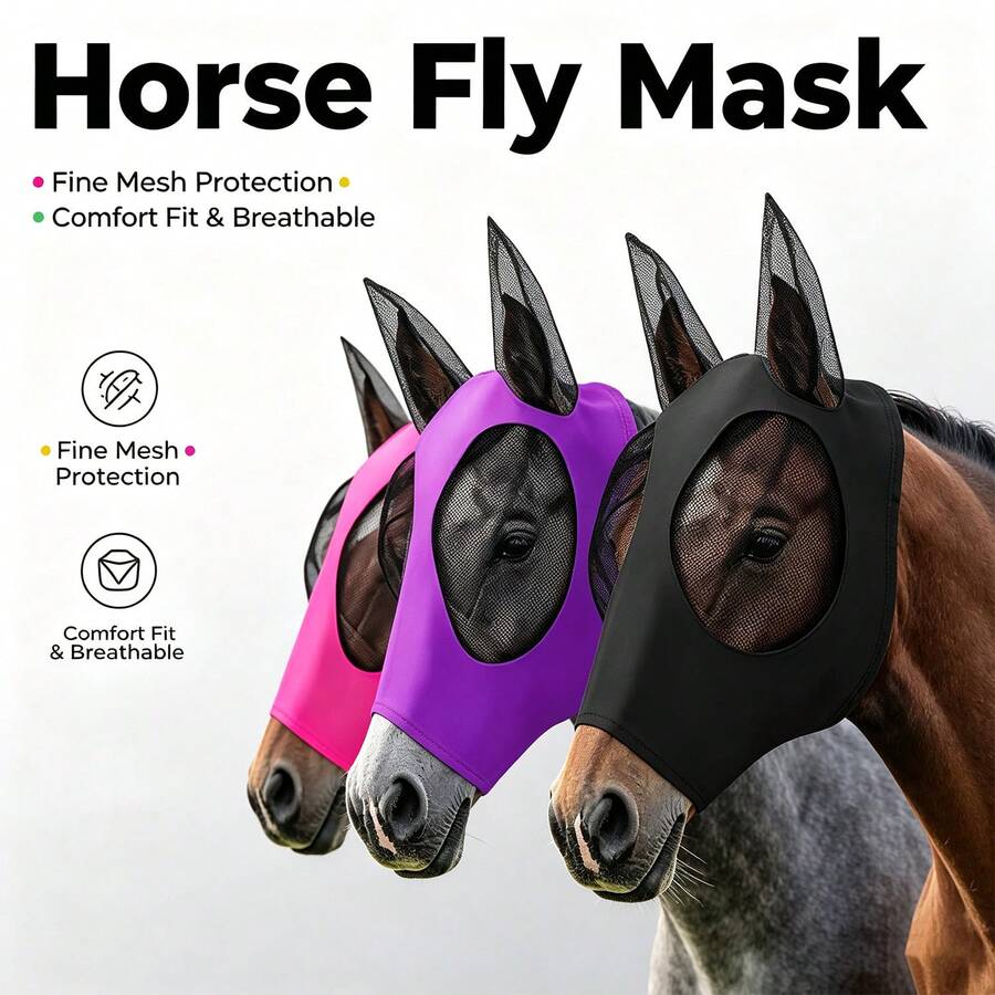 透氣馬用防蠅面罩,細網彈性馬臉罩附耳部保護,舒適貼合馬用防護面罩,適合戶外牧場使用 - 查看 1