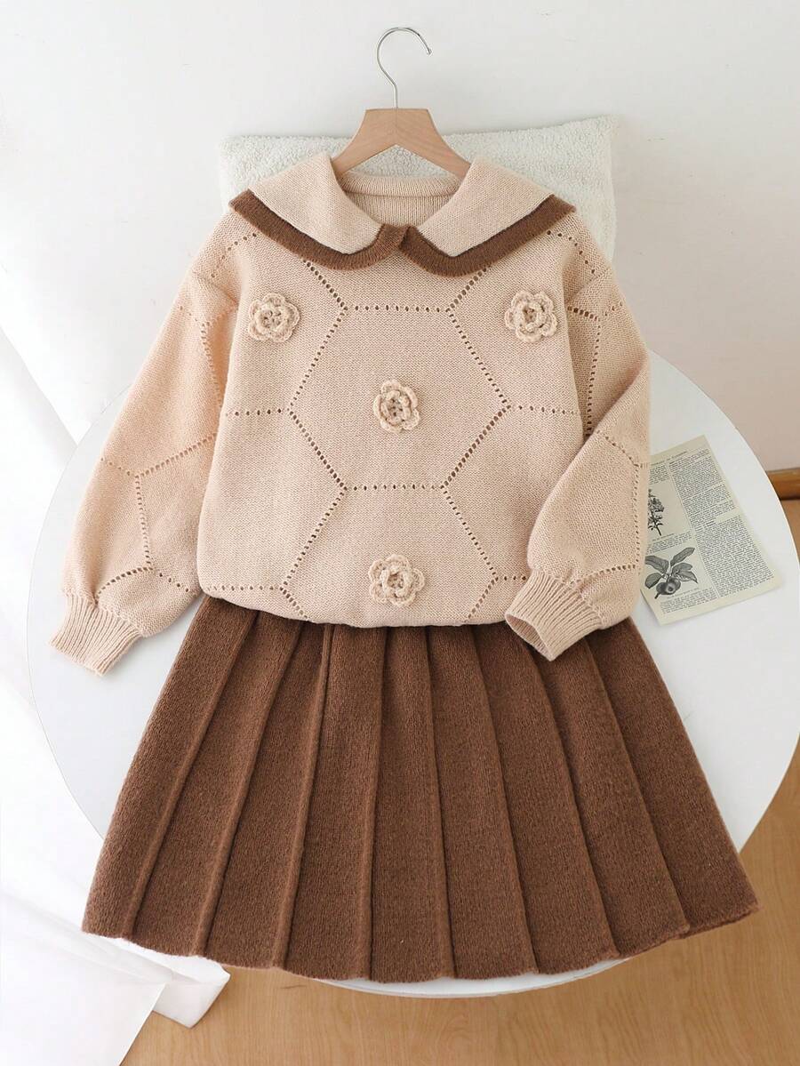 Girls' Autumn/Winter 2 Pieces Set, 3D Flower Knitted Sweater And Knitted Skirt - Apricot - View 1