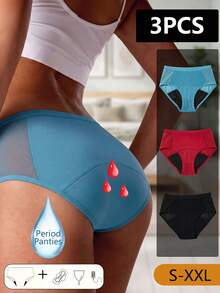 3pcs/Pack Women's High Waist Period Panties, Mesh Patchwork, Leak-Proof Breathable Sanitary Underwear, Multi-Color - Multicolor - View 1