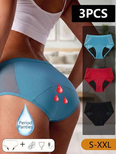 3pcs/Pack Women's High Waist Period Panties, Mesh Patchwork, Leak-Proof Breathable Sanitary Underwear, Multi-Color