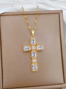 A Golden Women's Fashion Necklace, Retro Golden Cross Necklace, Personalized Pendant, Niche Design Clavicle Chain - Yellow Gold - View 1