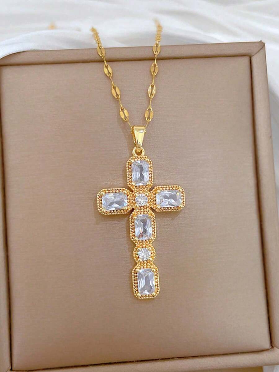 A Golden Women's Fashion Necklace, Retro Golden Cross Necklace, Personalized Pendant, Niche Design Clavicle Chain - Yellow Gold - View 1