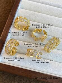 5pcs Fashionable Glamorous Cubic Zirconia Heart Rings Set Suitable For Women Party Wear (No Gift Box) - Yellow Gold - View 4