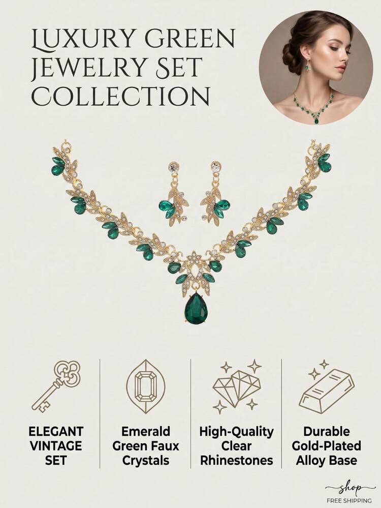 Bộ trang sức 2 món gồm dây chuyền và bông tai mặt treo đá rhinestone hình giọt nước màu xanh phong cách vintage thanh lịch, thiết kế lá vàng và dây leo, trang sức cho đám cưới và tiệc tối - màu xanh lá - Xem 4