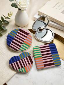 1pc Portable Makeup Mirror With Pc Lines, Heart-Shaped/Round/Rectangular, Foldable With Double Pockets - A Portable Travel Makeup Mirror - Designed With A Neat Line Pattern - An Ideal Gift For Women - Multicolor - View 1