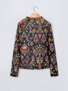 Acelitt Women's Abstract All-Over Print Faux Collar Long Sleeve Slim Fit Top, Suitable For Spring And Autumn - Multicolor - View 4