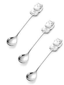 1/3pcs Stainless Steel Lucky Cat Coffee Spoon, Stirring Spoon Ice Cream Dessert Spoon Suitable For Home, Cafe, Dessert Shop - Multicolor - View 10