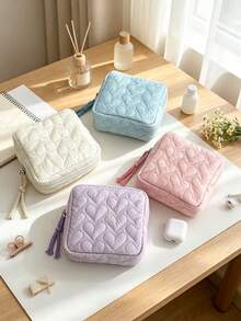 1/5pcs Heart-Shaped Quilted Mini Zipper Storage Bag, Tassel Zipper Portable Small Square Pouch, Soft Cosmetic Jewelry Earphone Organizer, Suitable For Travel And Daily Use,Travel Essential - Multicolor - View 2