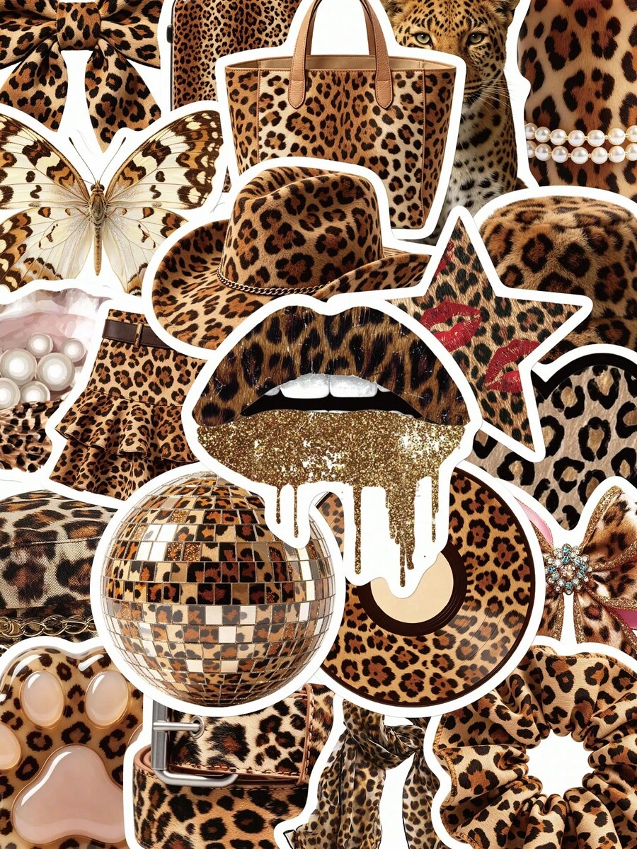 50Pcs Leopard Print Aesthetic Stickers, Retro Y2K Fashion Accessory Waterproof Decals For Scrapbook Laptop Water Cup Luggage Phone Case DIY Decor - 50pcs - View 1