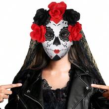 1pc/Day Of The Dead Floral Lace Veil Mask, Halloween Ghost Bride Party Ball Cosplay Costume Photo Prop - Multicolor - View 5