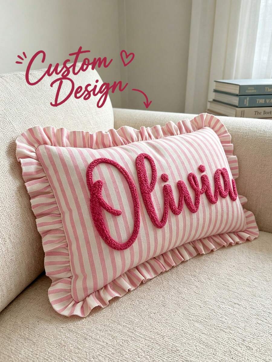 Personalized Striped Ruffled Punch Needle Throw Pillowcase, Embroidered Name Gift For Home, Perfect For Sofas Or Benches, Suitable For Living Room, Bedroom, Wedding Reception Photo Prop, Bridal Boudoir, Great Gift For Halloween, Thanksgiving. - Multicolor - View 1