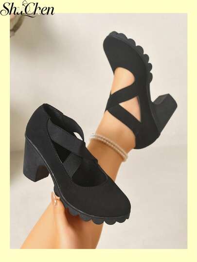 Fashionable Versatile Criss-Cross Strap Chunky High Heel Pumps