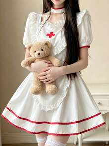 1PC Pure Cute Sweetheart Nurse Maid Uniform Lolita Cosplay Costume, Suitable For Cosplay Role Play, Holiday Party Performance, Valentine's Day, Date, Daily Wear - White - View 5