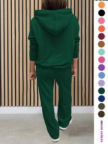 Women's Casual 2-Piece Set Solid Color Elegant Long Sleeve Hooded Drawstring Pocket Sweatshirt & Straight Leg Drawstring Pants Set, Lightweight And Soft, Suitable For Spring/Summer - Dark Green - View 3
