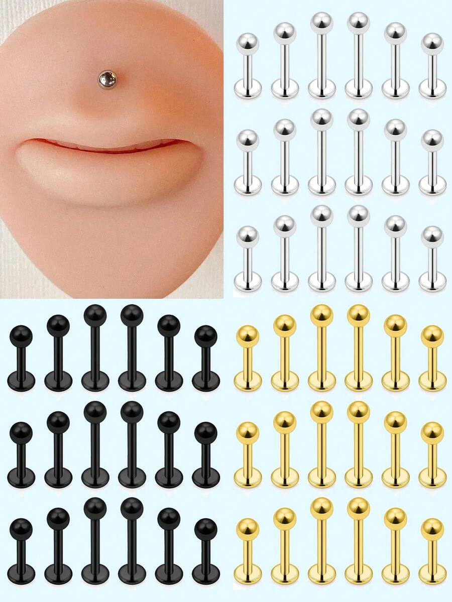 18pcs/Set 16G Lip Labret Medusa Monroe Rings Studs Stainless Steel Flat Back Tragus Helix Cartilage Earring Stud Piercing Jewelry Bar Length 8-12mm - Multicolor - View 1