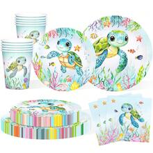 10/20/50/80pcs Light Green Turtle Theme Party Paper Supplies, Ocean Theme Tableware Set - Turtle Pattern, Seaweed Pattern, Starfish Pattern, Bottom Fish Pattern 7/9 Inch Paper Plates, Paper Cups, 6.5 Inch Napkins, Suitable For Birthday, Baby Shower, Turtle Theme Party Decoration - Multicolor - View 1
