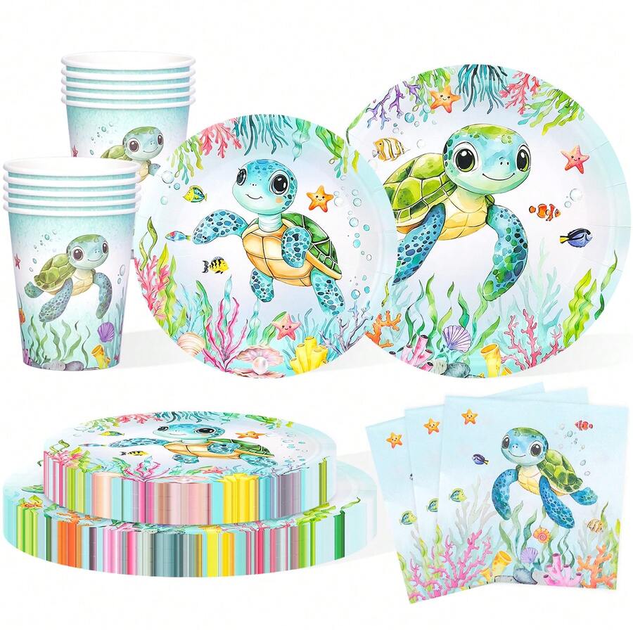 10/20/50/80pcs Light Green Turtle Theme Party Paper Supplies, Ocean Theme Tableware Set - Turtle Pattern, Seaweed Pattern, Starfish Pattern, Bottom Fish Pattern 7/9 Inch Paper Plates, Paper Cups, 6.5 Inch Napkins, Suitable For Birthday, Baby Shower, Turtle Theme Party Decoration - Multicolor - View 1