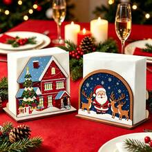 2styles Christmas Wooden Napkin Holder, Santa Claus & Winter House Pattern Desktop Tissue Storage Rack, Xmas Dining Table Centerpiece, Festive Home Party Decor, Christmas Gift - One Size - View 1
