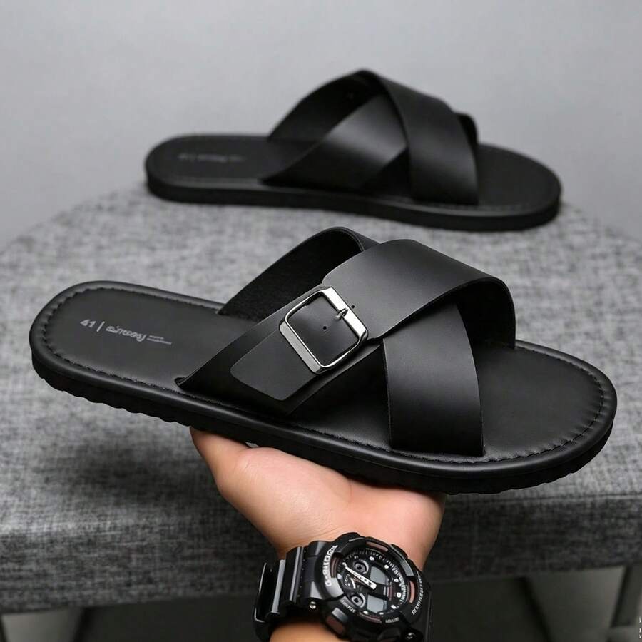 Men's Summer Sandals, Fashionable Versatile Men's Slippers, Men's Flat Sandals, Contrast Color Design, Minimalist Flat Slippers, Vacation Beach Roman Sandals - Black - View 1