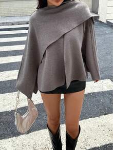 DEEKA Autumn/Winter New Slouchy Scarf Cape Round Neck Long Sleeve Short Knit Coat Jacket - Brown - View 3