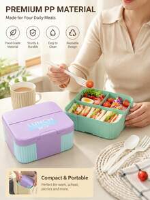 4-Clip Reinforced Sealed Square 3-Compartment Lunch Box With Matching Utensils, 3-Section Divided Food Separation, Secure Snap Closure Leak-Proof, Easy To Clean And Maintain, Practical Meal Prep Container For Main Course And Side Dishes - Multicolor - View 8