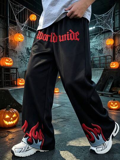 Lurzo Boys Y2K Gothic Style Double Waist Loose Straight Leg Pants, Letter & Flame Print Design, Atmospheric Vibe, Suitable For Outdoor Street Dance Wear