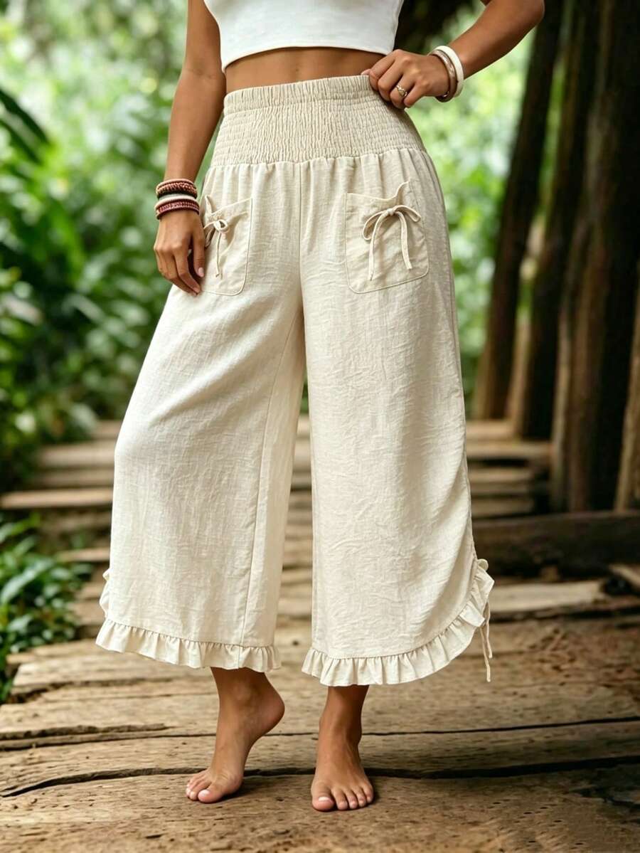 Plus Size Women's Bohemian Style Cropped Wide Leg Pants, Elastic Waistband With Knot Pocket And Ruffle Hem, Loose Fit Long Pants - Apricot - View 1