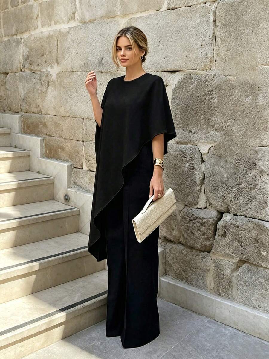 Satin Asymmetric Hem Puff Sleeve Elegant Blouse, Suitable For Party, Date, Formal, Vacation Wear, Black Summer