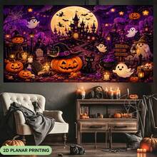 1pc 2D Flat Banner, Halloween Pumpkin House Scene, Polyester Fabric Backdrop, Photo Prop And Home Wall Hanging, Birthday Party And Autumn/Winter Party Banner, Suitable For Halloween And Christmas Decoration, Halloween Tapestry - Multicolor - View 2