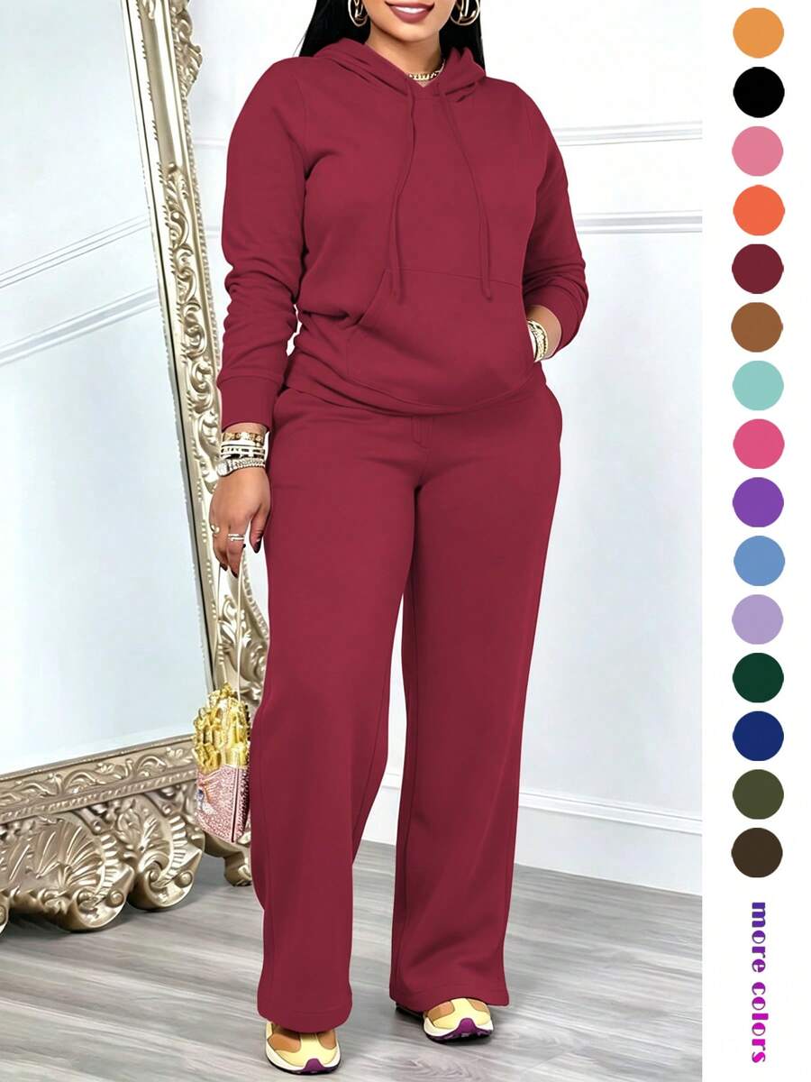 Women's Casual 2-Piece Set Solid Color Elegant Long Sleeve Hooded Drawstring Pocket Sweatshirt & Straight Leg Drawstring Pants Set, Lightweight And Soft, Suitable For Spring And Summer