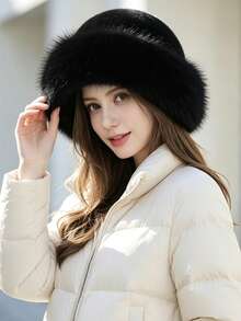 1pc Women's Thick Fleece Bucket Hat, Warm Fur-Trimmed Bucket Hat, Soft Face-Flattering Ear-Protective Cold-Proof Hat, Windproof Snow Travel Bucket Hat, Versatile Winter Fuzzy Hat To Match Down Jacket - P-mRM - View 3
