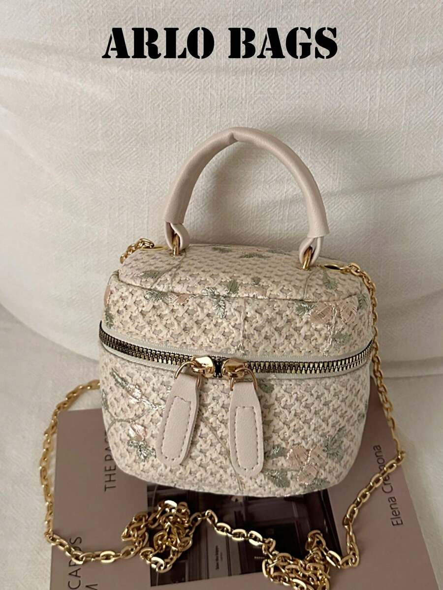 花卉刺繡紋理布料短手柄金屬鏈條肩帶裝飾清新溫柔風方型小包 女款日常購物約會旅行斜挎包 柔軟氛圍便攜小包 日常穿搭斜挎包 - 白色 - 查看 1