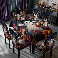 1/4/5/6/7/36pcs Halloween Series Pure White Ghost Pattern Print Chair Covers/Chair Slipcovers Set, Suitable For Indoor Home, Restaurant, Hotel, Ideal Choice For Modern Daily Decoration. Tablecloth Suitable For Square Dining Table, Elastic Chair Covers Are Washable. - Multicolor - View 2