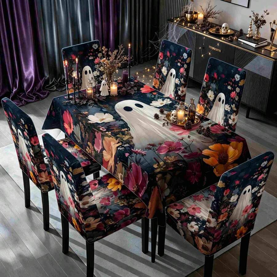 1/4/5/6/7/36pcs Halloween Series Pure White Ghost Pattern Print Chair Covers/Chair Slipcovers Set, Suitable For Indoor Home, Restaurant, Hotel, Ideal Choice For Modern Daily Decoration. Tablecloth Suitable For Square Dining Table, Elastic Chair Covers Are Washable.