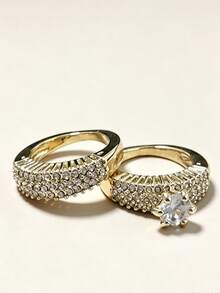2pcs/Set Fashion Stackable Rings, Minimalist Luxury Cubic Zirconia Couple Rings, Versatile For Engagement, Wedding, Party And Daily Wear - Perfect Birthday, Anniversary Or Jewellery,Accessories - Gold - View 17