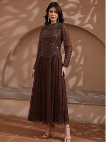 JINLICX Dark Brown High Neck Beaded Mesh Long Sleeve Lace Maxi Dress Luxury Formal Evening Gown For Wedding Banquet - Coffee Brown - View 3