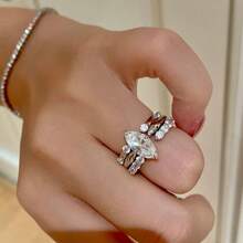 3PCS Exquisite Marquise Zirconia Multi-Layer Stackable White Gold Plated Rings, Luxury Women's Adjustable Engagement Ring Set - Silver - View 6