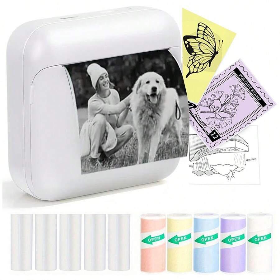 PRINHSJI Mini Printer, Portable Thermal Inkless Sticker Printer, 200Dpi, USB Rechargeable, For Study Notes, Pictures, Photos, Journals, DIY, Compatible With IOS & Android
