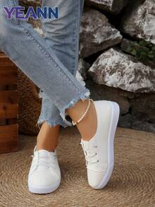 Sepatu Sneakers Wanita Terbaru Musim Semi/Gugur, Nyaman, Ringan, Serbaguna, Bertali, Ujung Bulat, Bahan Kain Putih - Putih - View 4