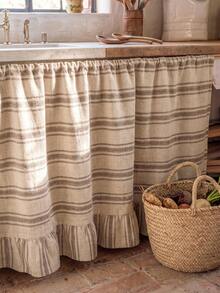 1/2pcs Beige Light Brown Horizontal Striped Table Skirt, Rustic Country Style Fabric Material, Rectangular Top With Pleated Details And Bottom Ruffle Hem, Concealment And Decorative Function, Suitable For Entryway Console Table Cover And Natural Rustic Home Decor - milk coffee color - View 7