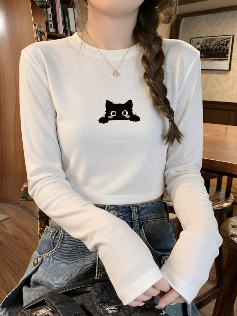 Korean Style Cute Cat Pattern Short Long Sleeve Top Women Round Neck Elastic Slim Fit Short Sweet Girl Style Inner Layer Base Shirt - White - View 1